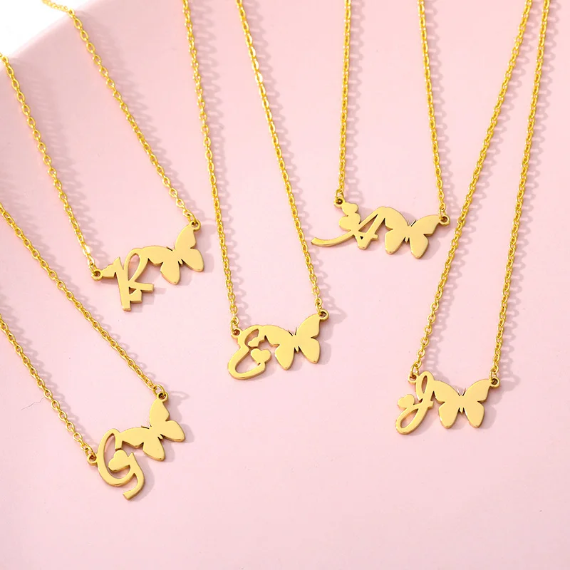 Minimalism Cute Butterfly Necklaces For Women Boho Jewelry Stainless Steel Gold Color Alphabet Letter Animal Pendants Necklaces