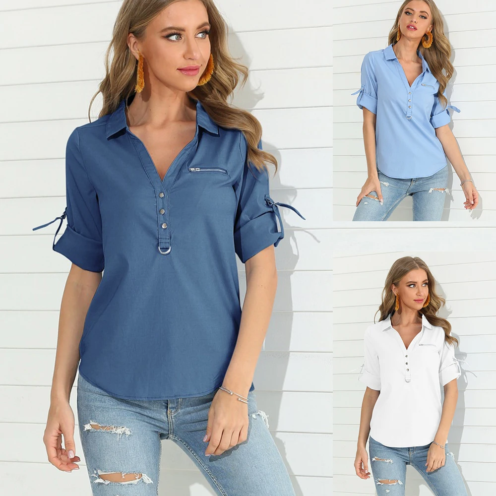 

V Neck Tunic Chemise Femme Women Button Half Sleeve Office Blouse Ladies 2020 Spring Summer Shirt Vintage Top Blue White Blouse