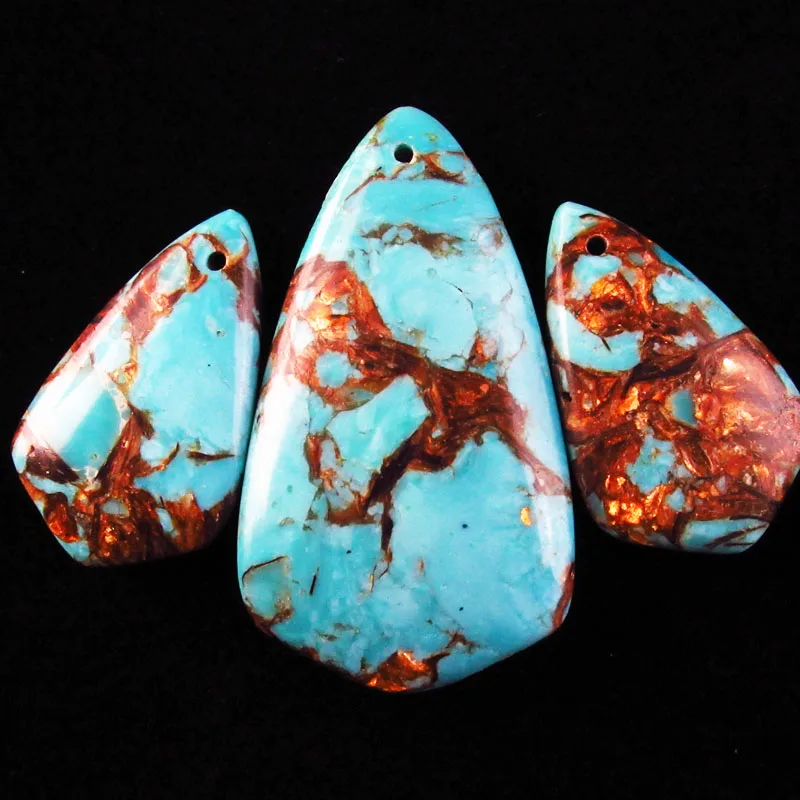 Gorgeous Intriguing Fashion 3pcs Blue Turquoises & Gold Copper Bornite Stones Inverted Triangle Teardrop pendant bead DHS21