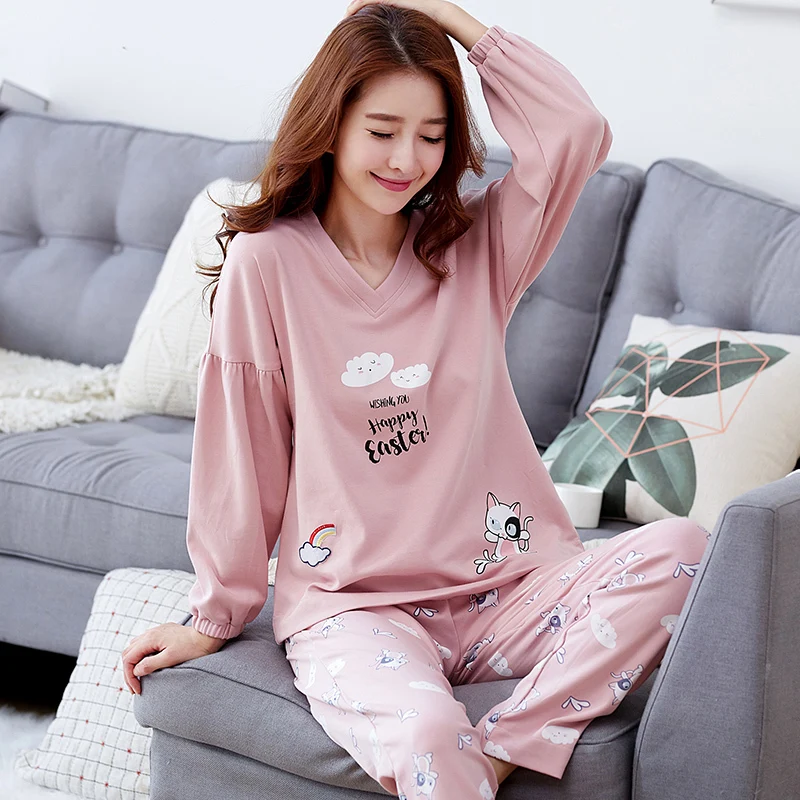 

Pajamas Women Autumn Spring Cotton Long Sleeves Two Sets Sleepwear Thin Cartoon Korean Students Nightwear Loose Home Suit H5615