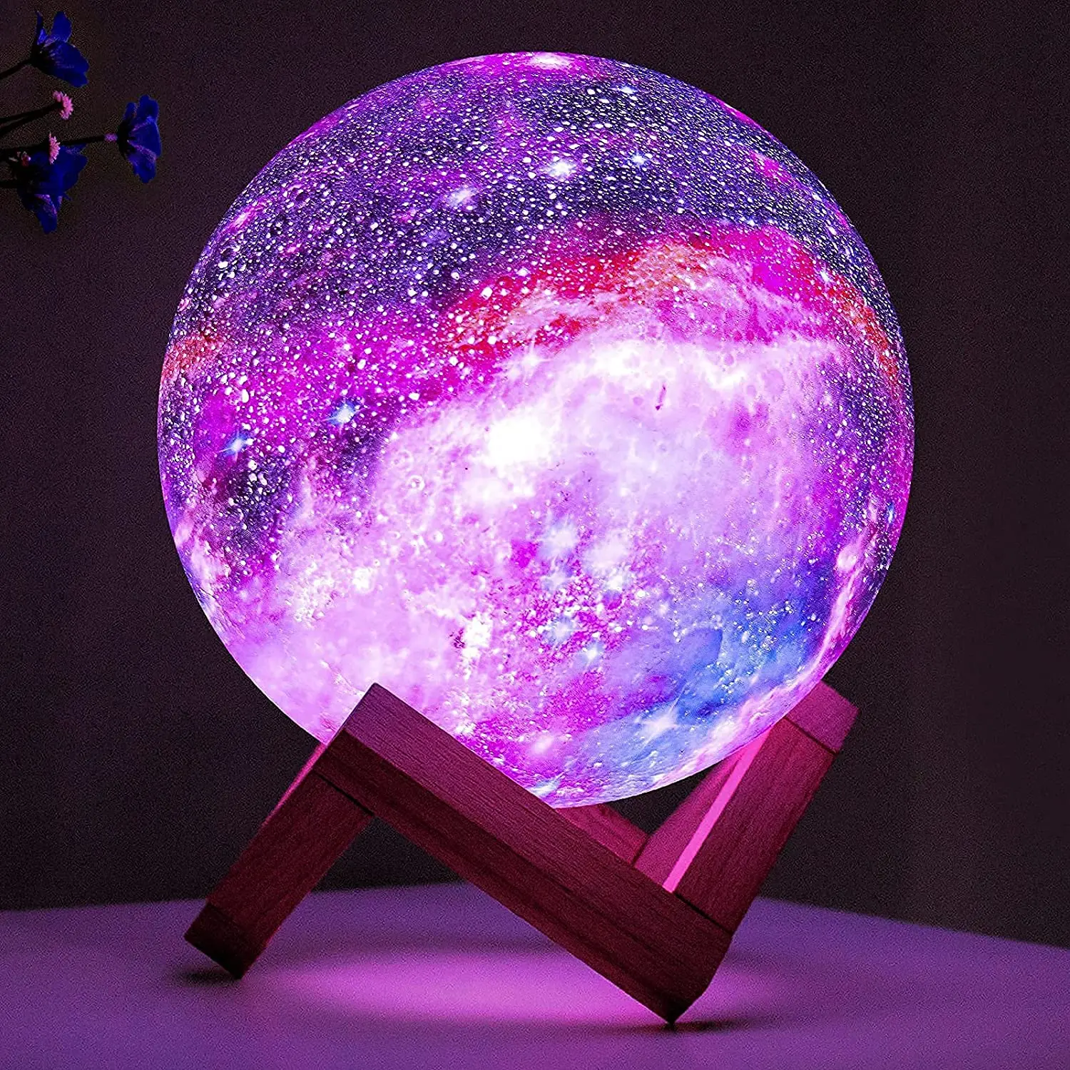 LED 3D Star Moon Light with Wood Stand for Kids, Night Light, Galaxy Lamp, Remote and Touch Control, 16 Colors, 3.15 in