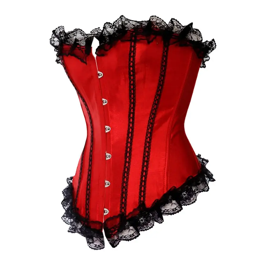 Women Bustier Corset Top With Lace Trim Gothic Vintage Satin Overbust Corset Plus Size Body Shaper Burlesque Lingerie Corselet