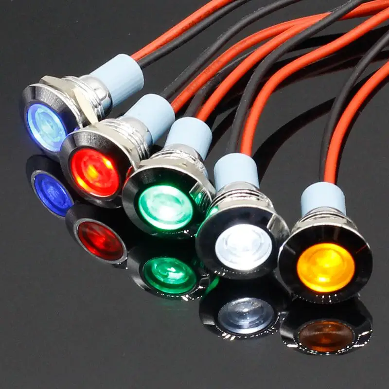 12mm Waterproof Metal Flat Round Indicat Signal lamp LIGHT 3V 6V 12V 24V 220V with wire red yellow blue green