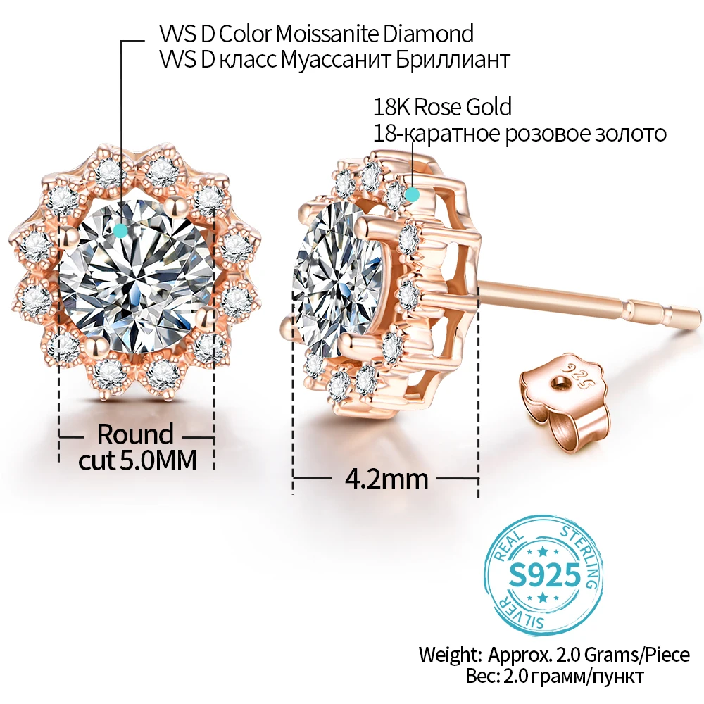 Round Cut 1.0CT Diamond Test Passed Moissanite Rhodium 925 Silver D Color Moissanite Earrings Jewelry Girlfriend Gift