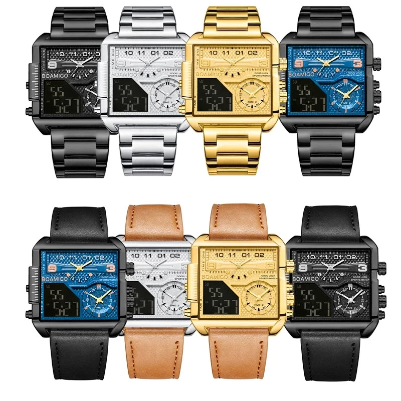 BOAMIGO Sport Square Digital Analog Big Quartz Watch New Top Brand Luxury Fashion Gold Stainless Steel Men Watches Male Clock