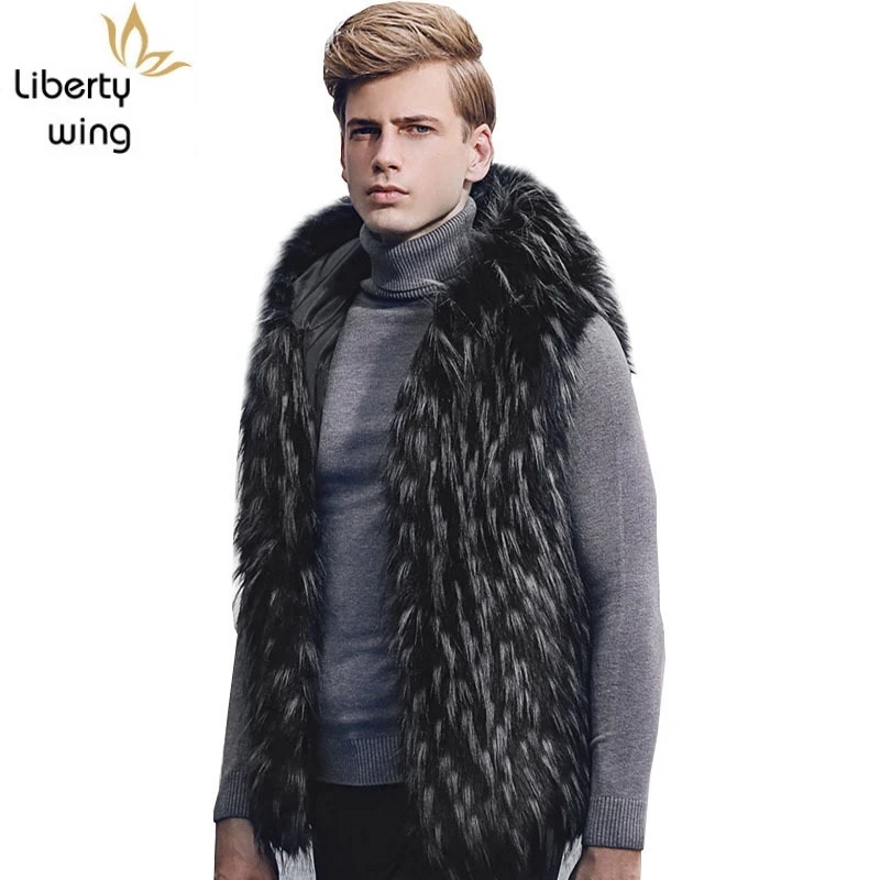 Top Brand Hooded Faux Fur Vest Europe America Warm Sleeveless Slim Fit Coat Autumn Winter Casual Hoodies Jacket Men Outwear