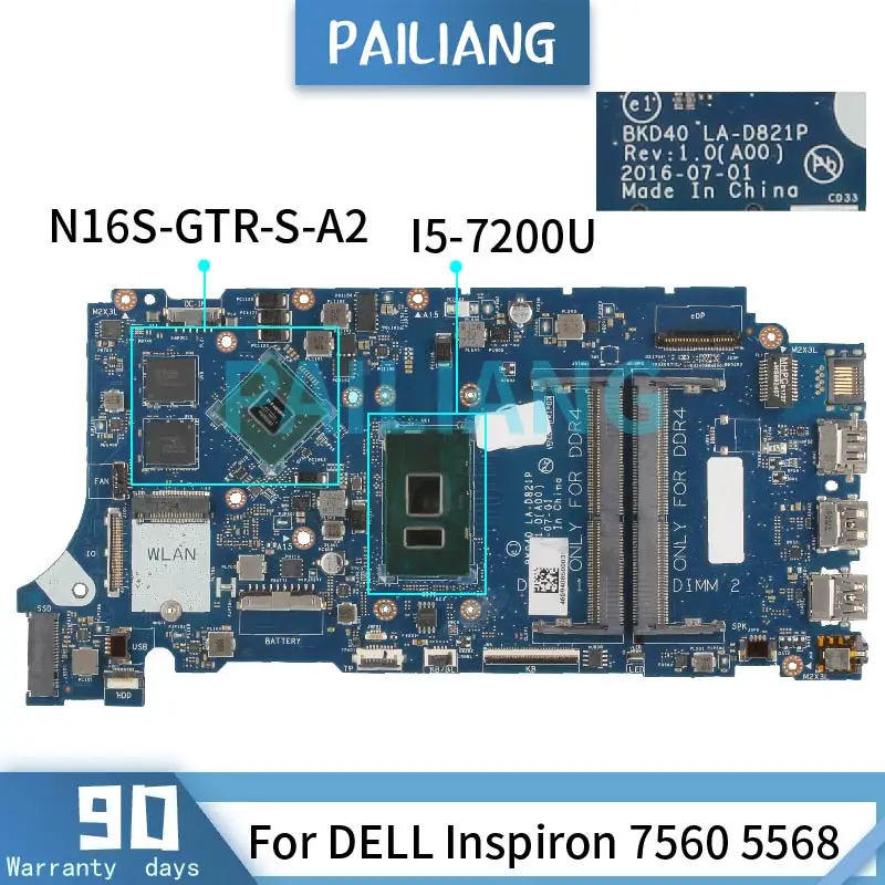 Mainboard For DELL Inspiron 7560 5568 I5-7200U Laptop motherboard CN-05CPRV 05CPRV LA-D821P N16S-GTR-S-A2 DDR4 Tested OK