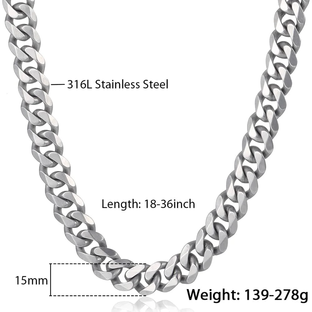 Davieslee Matte Brushed Polished Necklace Mens Chain Cut Curb Cuban Link 316L Stainless Steel Silver Color 15 mm DHNM18