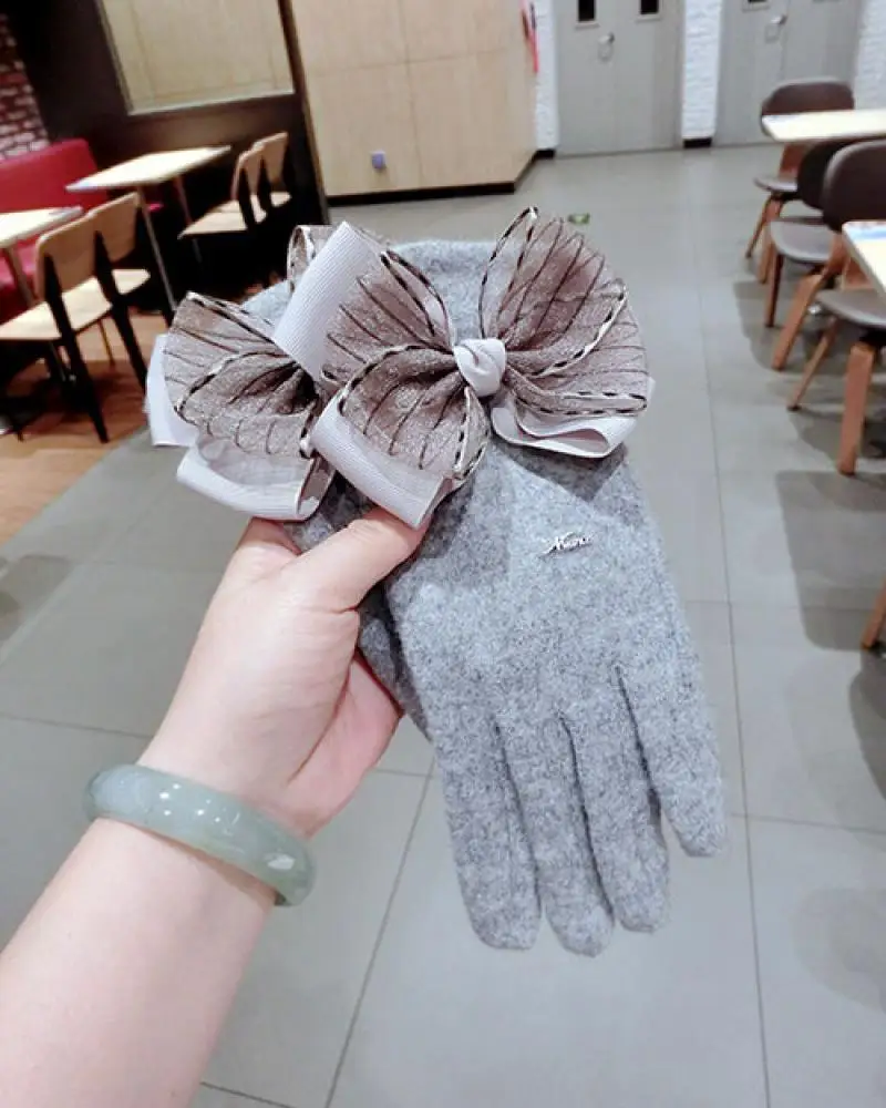 Guantes de Cachemira con lazo para invierno, guantes de terciopelo con cinco dedos, cálidos y con pantalla táctil, versión coreana