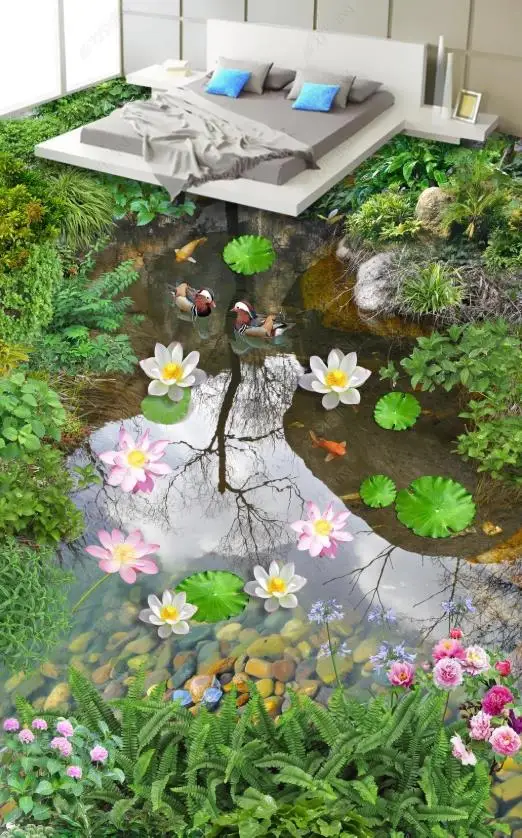 custom flooring vinyl pvc Lotus pond stream scenery 3d floor painting Living room bedroom Waterproof and self-adhesive floor