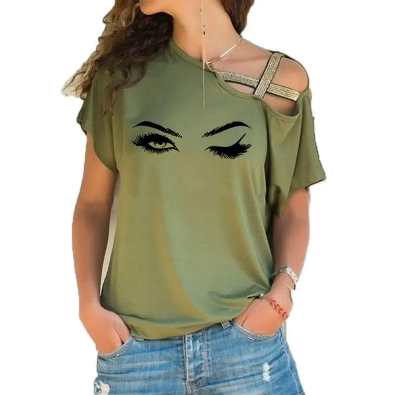 

New Pretty eyelashes big eyes for Girl T Shirt Women Short Sleeve Summer Tops Casual Irregular Skew Cross Bandage Tshirt