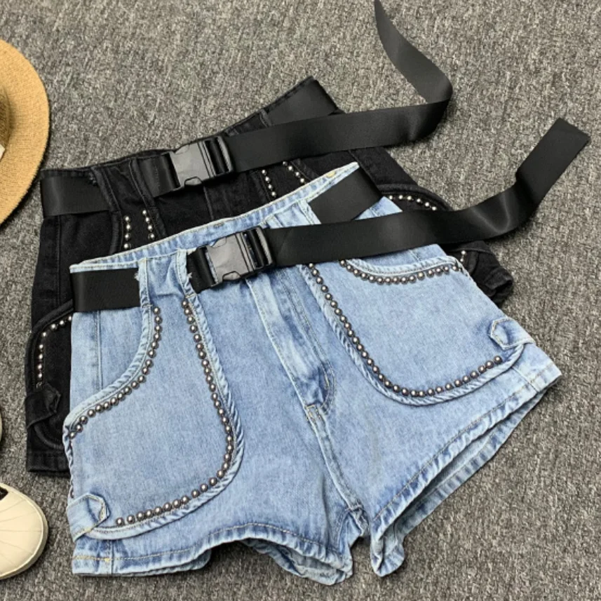 

2022 summer rivets denim Shorts women High Waist Washed loose Wide Leg Jeans Shorts