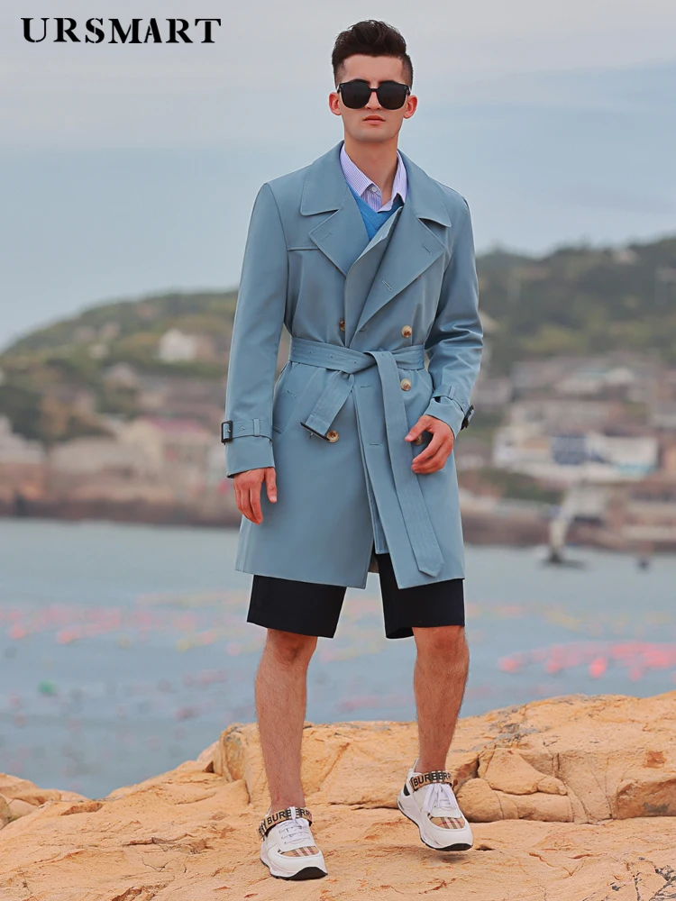 

Long windbreaker men's fashion sky blue double Lapel British trend autumn and winter new double row button handsome thin coat me