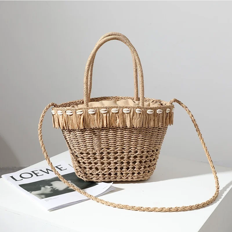 Shell Tassel Straw Woven Bag Woven Bag Women\'s Shoulder Portable Leisure Holiday Hollow Beach Bag Straw Bag New