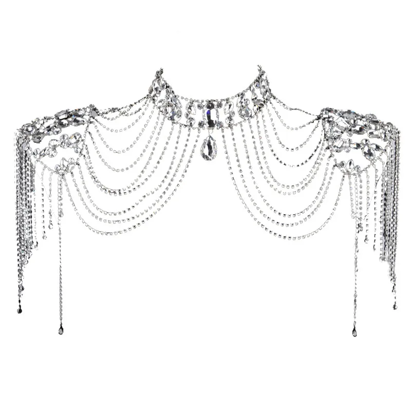 Luxury Crystal Bridal Choker Necklace Ladies Shoulder Chain Wedding Accessories Vintage Big Shoulder Lace Strap Cape Jewelry