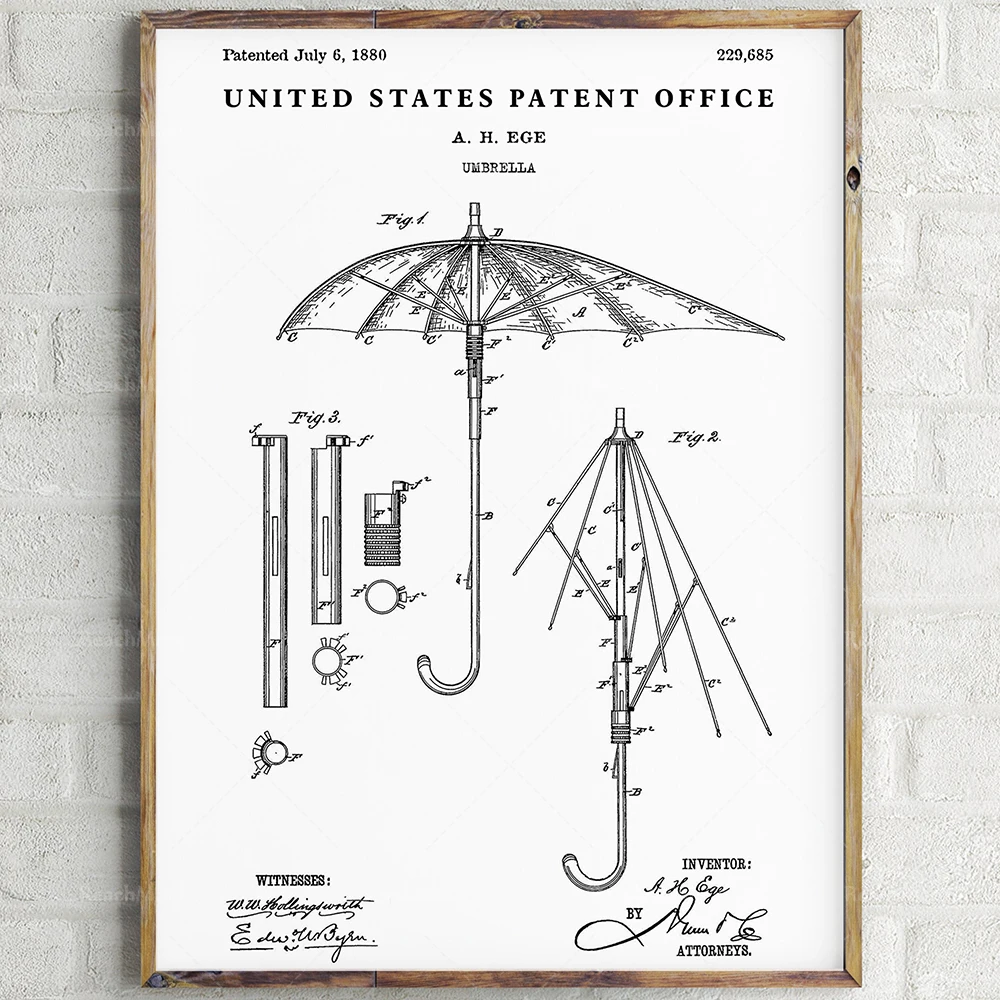 Umbrella Patent Print vintage Patent Drawing. Blueprint Wall Art Fashion Decor Affiche