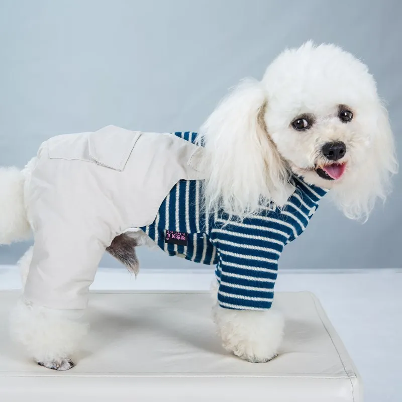 

Striped Dog Overalls Four-Legged Pet Clothes Warm Puppy Suspender Pants Coat Winter Doggie Jumpsuit Soft Rompers For Dog