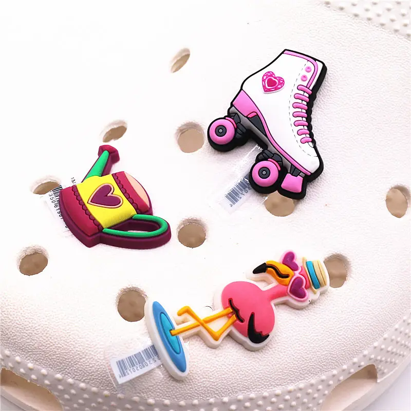 Drop shipping Animals Shoe Charms Accessories Flamingo Roller Skates Kettle PVC Sandals Buckle Decoration fit Party Kids Gifts