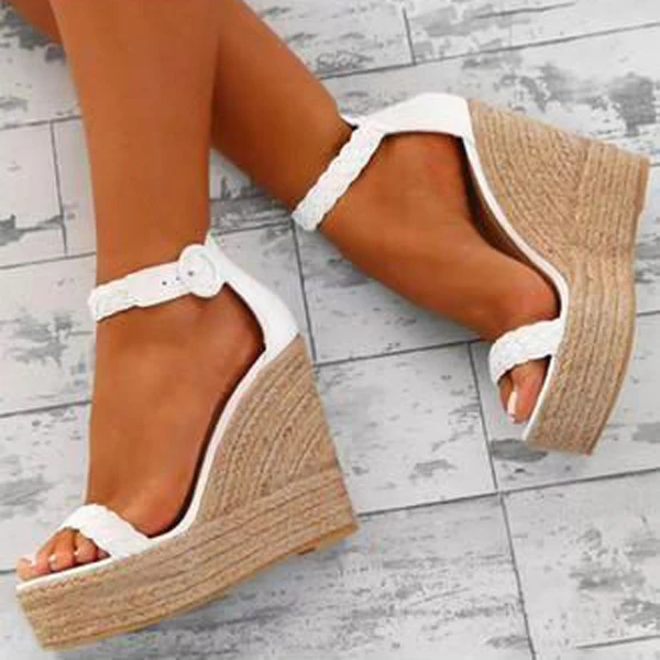 Chic Woman Plaited White Leather Sandals Rope Braided Wedge Heels Beach Shoes Summer Peep Toe Woman Gladiator Sandalias