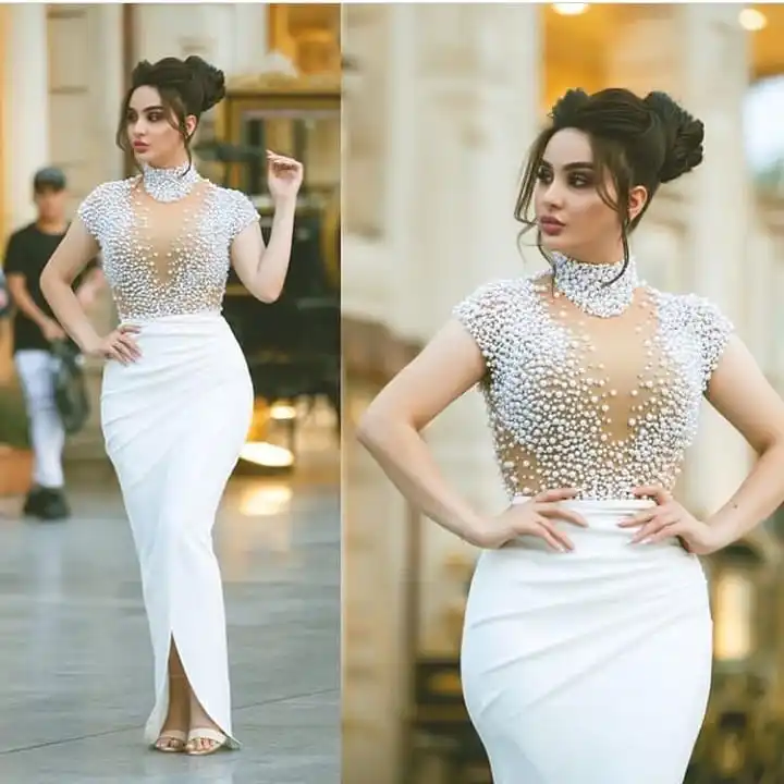 Luxury Dubai Beaded Prom Dress White High Neck Illusion See Through Cap Sleeves Formal Evening Dresses Gala Plus Size Party Gown