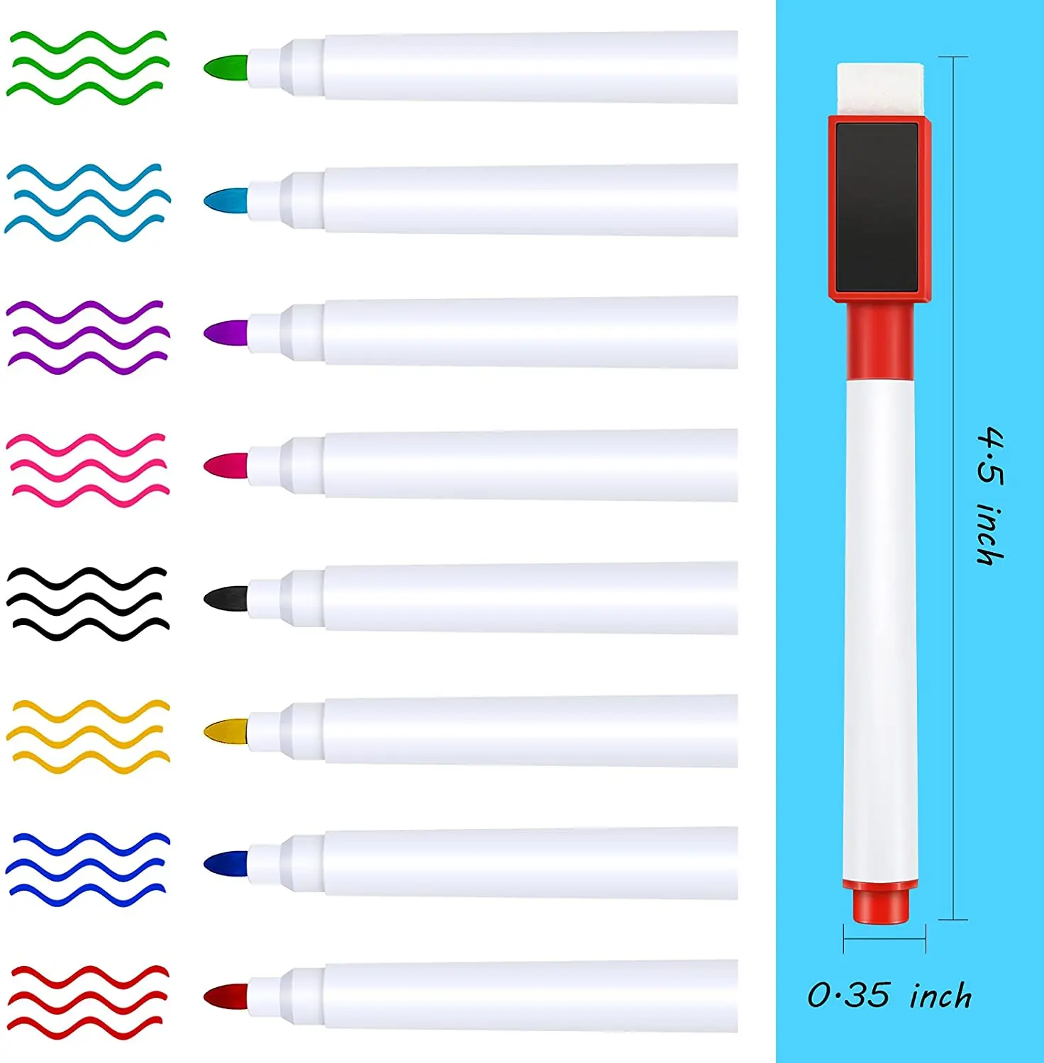 Dry Erase Markers with Eraser, Magnetic Whiteboard Markers for School and Office, Fine Point Erasable Markers