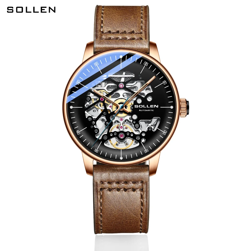 Luxury Brand Switzerland SOLLEN Japan Automatic Mechanical Men\'s Watches Sapphire Waterproof Dual Skeleton Luminous Clocks SL202