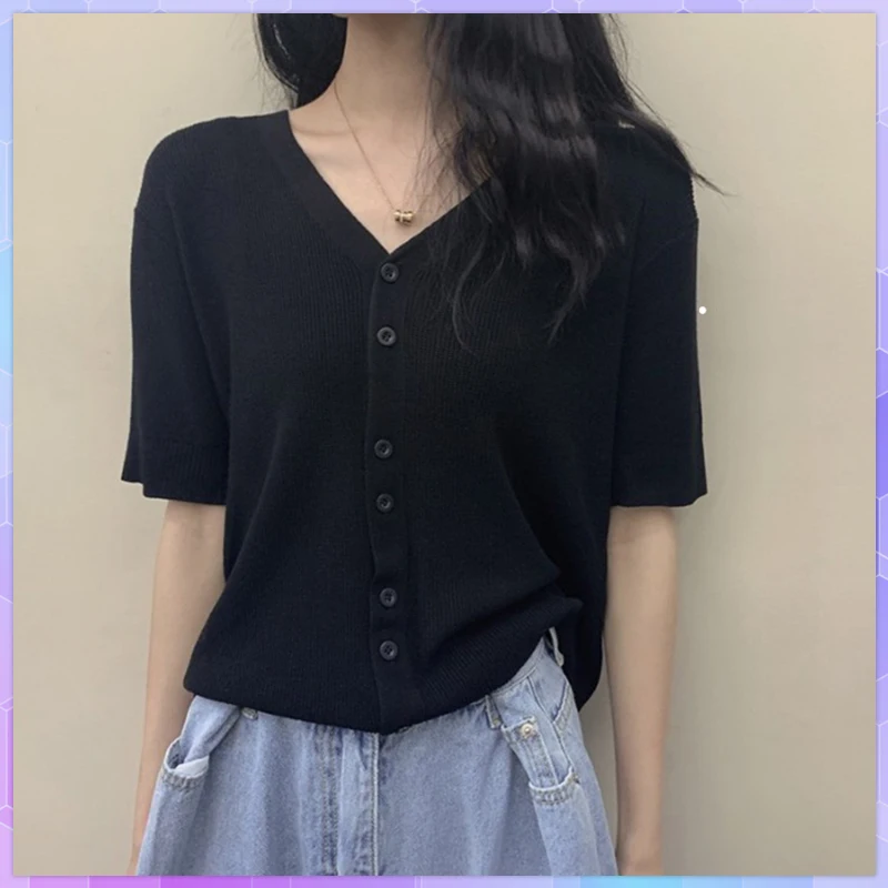 Large Size Top Female V-Neck Thin Knitted Shirts Cardigan Short Sleeve T-shirt  Women Solid Plus Size Tees 2021 Loose Jacket Top