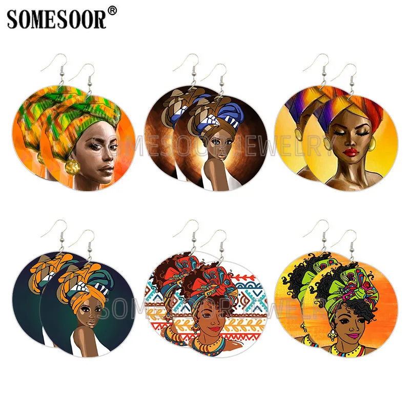 SOMESOOR kręcone włosy Headwrap dziewczyna drukowane afrykańskie drewniane spadek kolczyki Afro etniczne Artstic pętle wisząca biżuteria dla kobiet