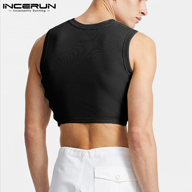 2023 Men Tank Tops Mesh Patchwork Round Neck Streetwear Sleeveless See Through Vests Sexy Party Nightclub Men Crop Tops INCERUN