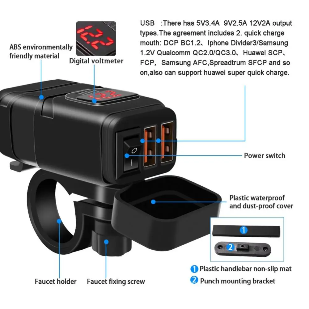 Meilleures ventes 55%!!! Chargeur de moto 12V double adaptateur USB, Charge rapide 3.0, accessoire de voltmètre