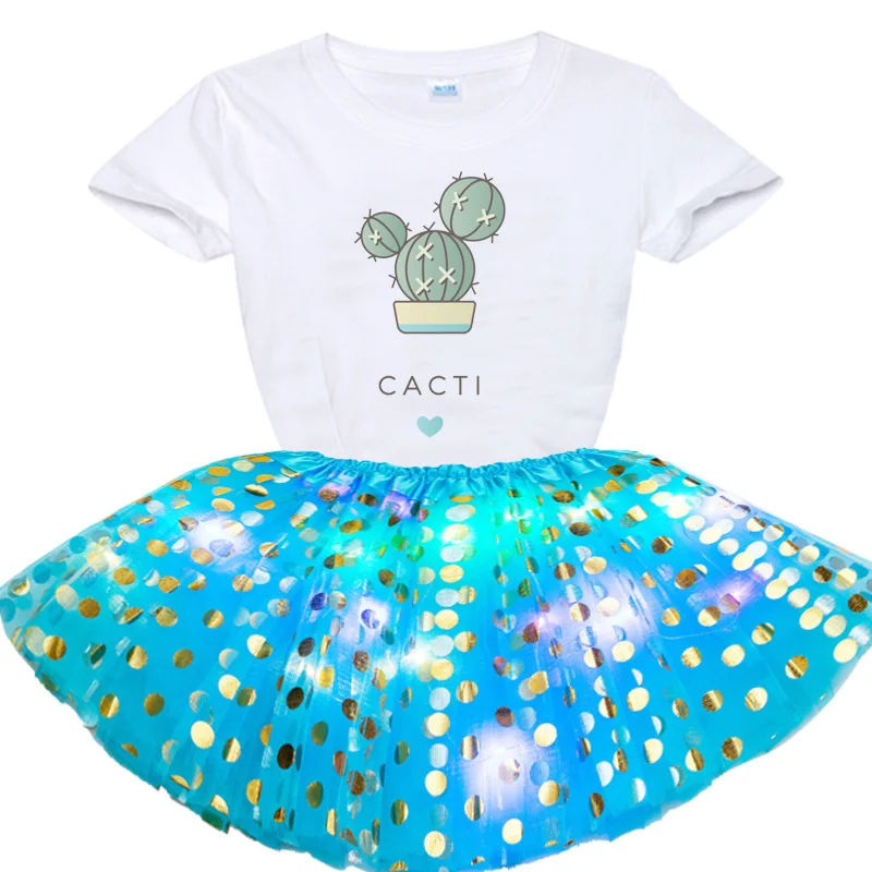 2021 New Summer Girls Dress Kids Cartoon Cactus Print T Shirt+Glowing Skirts Set Princess Party Dress Baby Kid Children Clothing