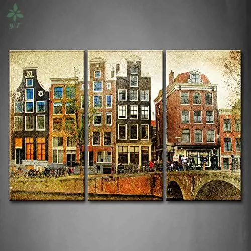 Amsterdam Vintage Style Paintings Bridges, Rivers, Treehouses, Vehicles 3 Panel Canvas Wall Decor