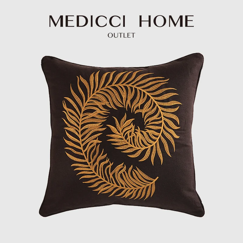 

Medicci Home American Style Cushion Covers Vintage Pteridophyte Leaf Embroidered Modern Upholstery Bench Pillow Case Brown Color