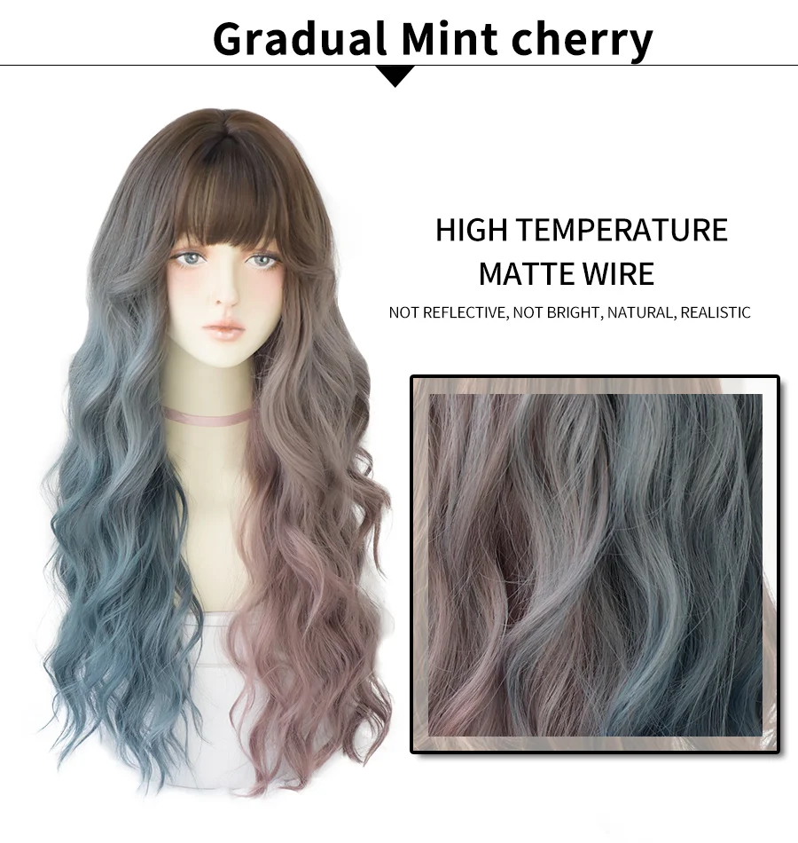 7JHH Deep Wave Long Hair Omber Blue Red Black Wigs For Women Colored Heat Resistant Hair Lolita Wigs With Bangs Wholesale