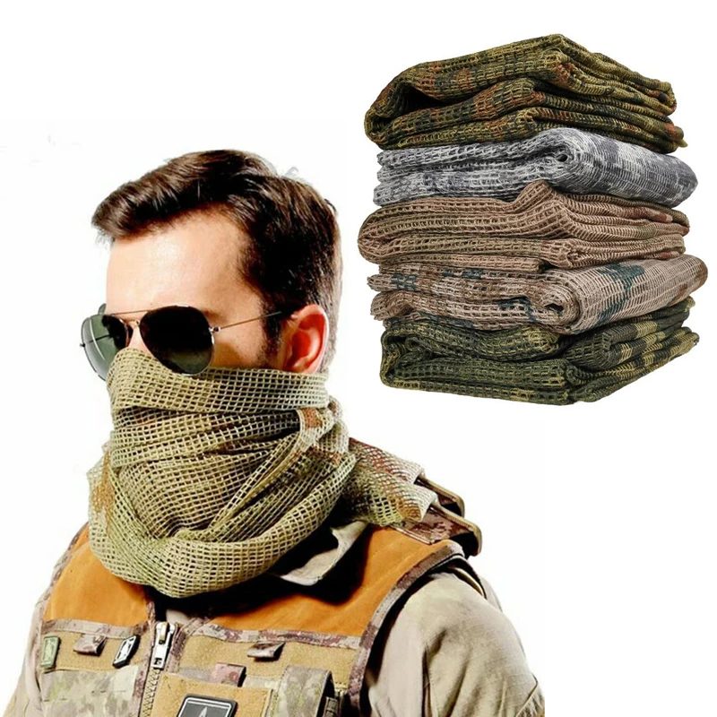 Men\'s 190*90cm Tactical Military KeffIyeh Net Mesh Neck Scarf Scrim Veil Shemagh Head Wrap Face Scarf Bandana Outfit Headband