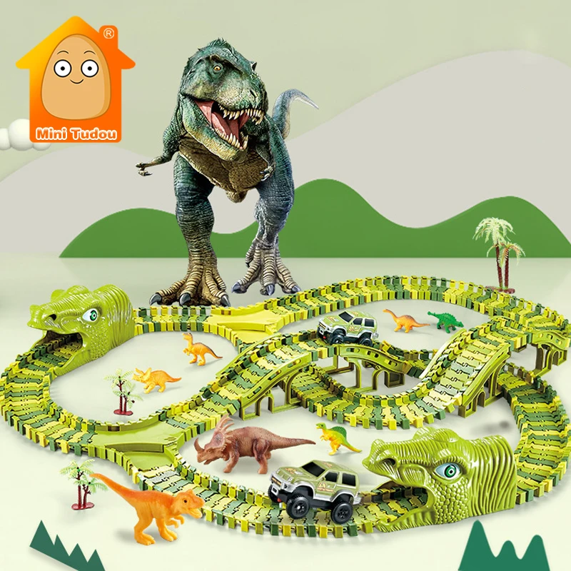 

Dinosaur Railway Race Track Toy DIY Plastic Assemble Bend Flexible Electric Car Model Set Educational Toys For Boy Gift