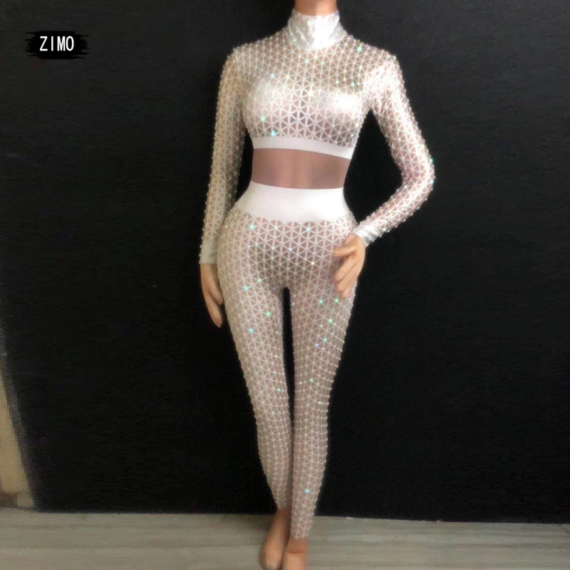 

fashion Rhinestones Plaid Jumpsuit Women Birthday Party sexy Nightclub Singer leotard One Piece Wear Black White Stretch Clothes