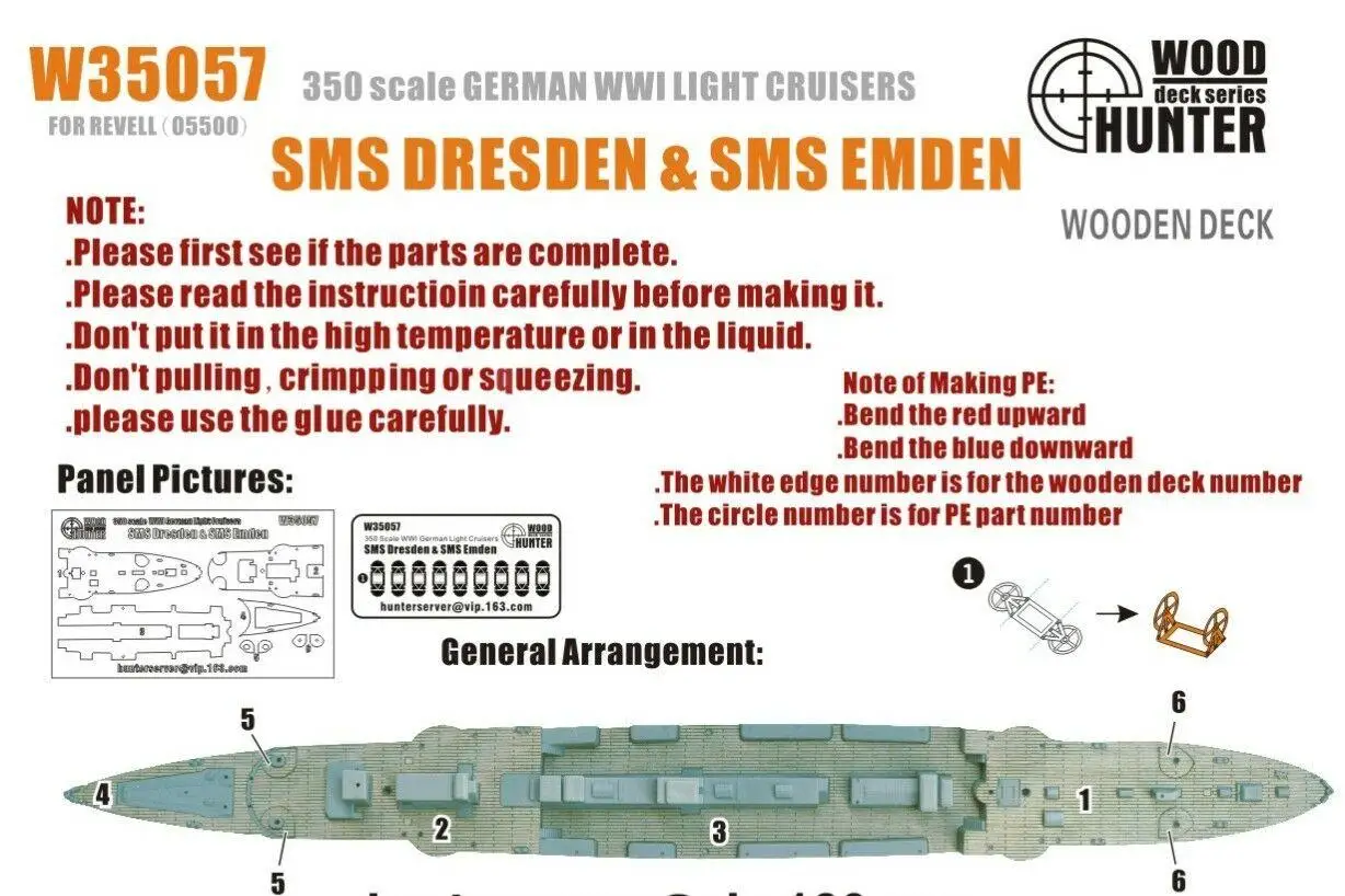 Hunter W35057 1/350 Wood deck German Light Cruiser Dresden & Emden for Revell !!