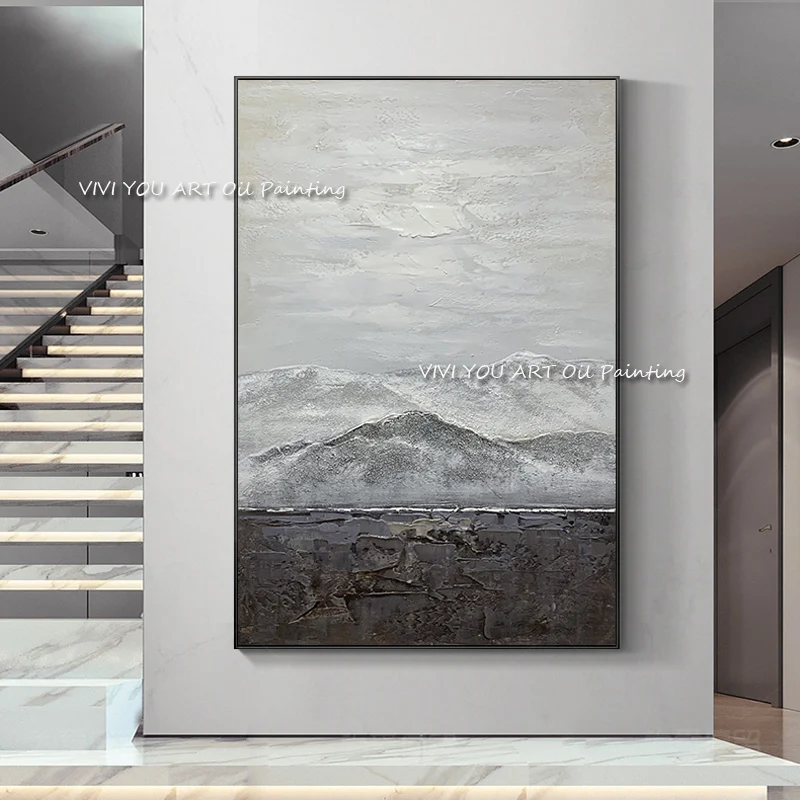 The Creative Hand Painted Mountain Cloud Gray Oil Paintings on Canvas Painting Abstract Wall Picture for Home Decor Landscape