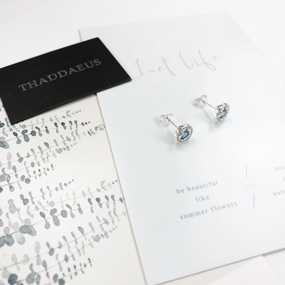 Round Light Blue Studs Earrings Europe Style Fine Jewerly For Women Classic Crystal Gift In 925 Sterling Silver