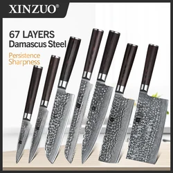 XINZUO 7 PCS Chef Knife Set Japanese Damascus Steel Kitchen Knives Sets Cleaver Paring Santoku Slicing Utility Cooking Tool