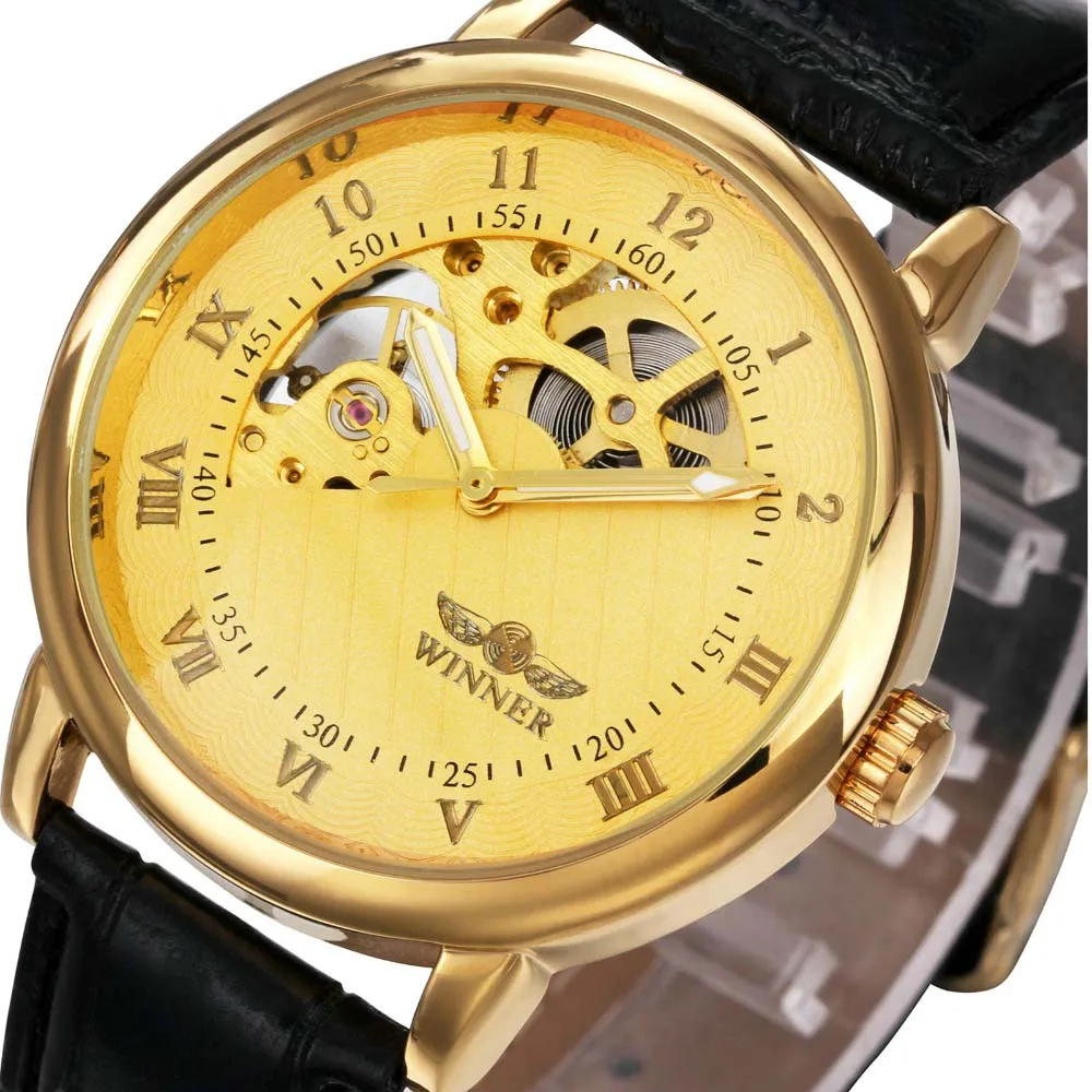 Men Mechanical Watches Top Brand Luxury Gold Watches Men Fashion Skeleton Watch Leather Strap Mechanical Hand Wind Watch reloj