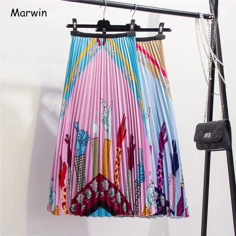 

Marwin 2019 New-Coming Women Europen Printing Cartoon Pattern High Street Style A-line Mid-Calf Summer Women Skirts