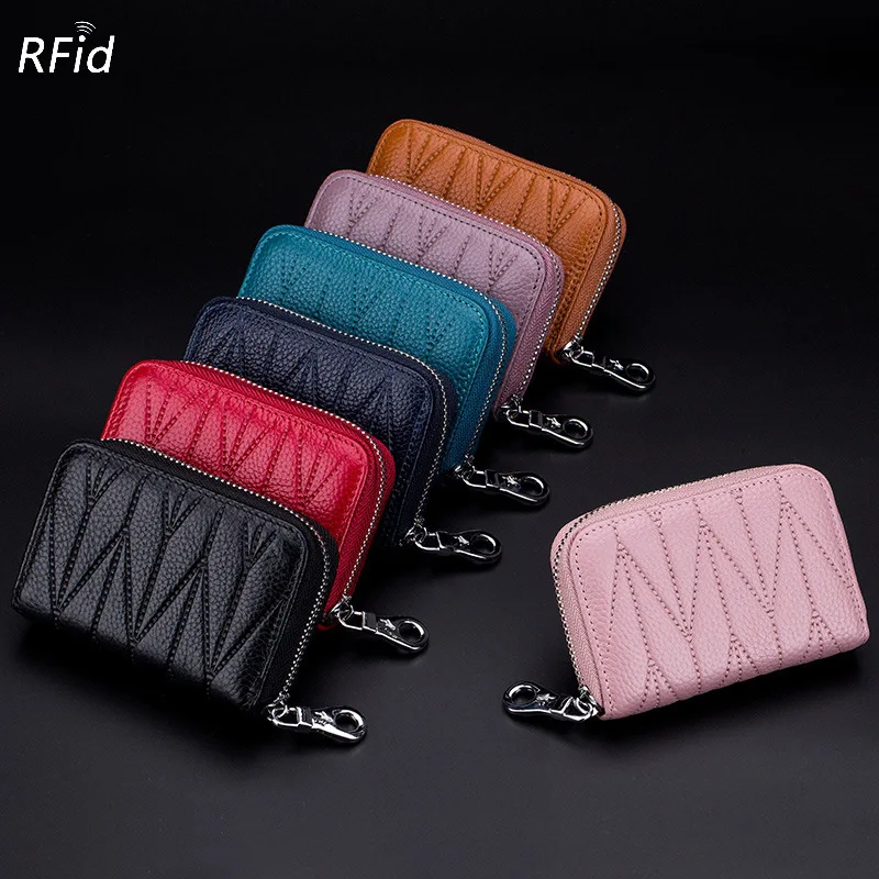 Small Genuine Real Leather Doka Women Rfid Zipper Coin Wallet And Purse Fashion Plastic Credit Bank ID Card Case Holder Female