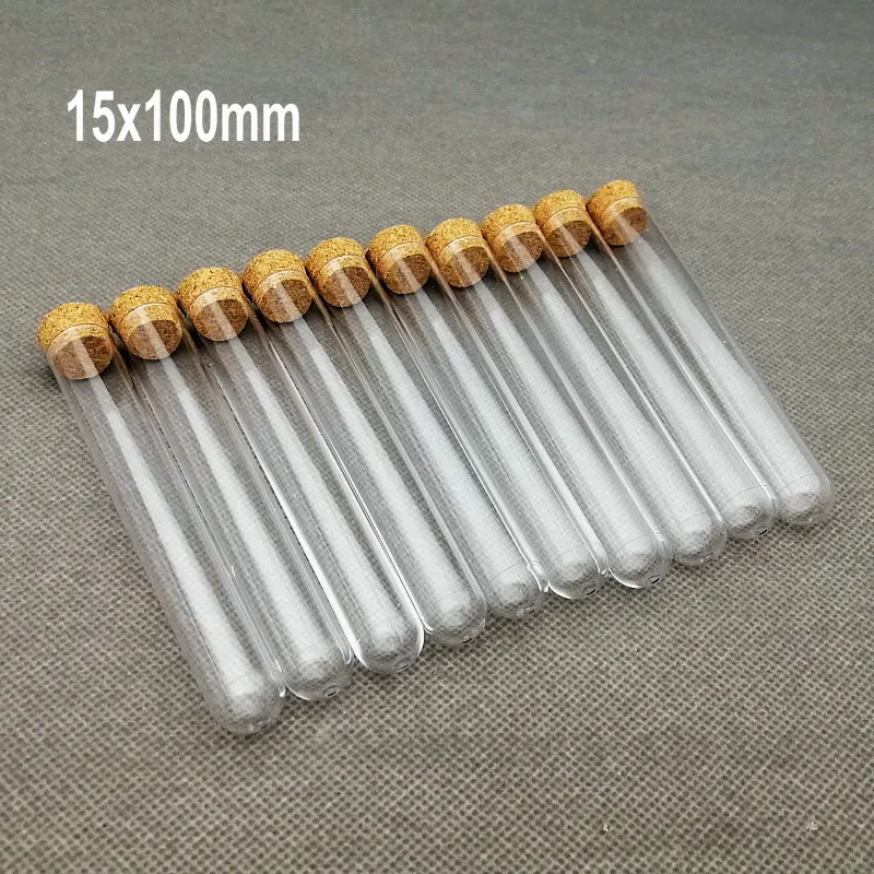 

120pcs 15x100mm Lab Transparent Plastic Round Bottom Test Tubes With Cork Plug Wedding Gift Vial Dried Flowers Candy Bottle