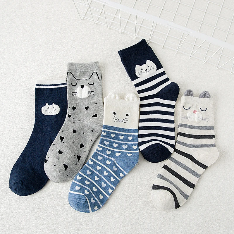 5Pairs New Spring Autumn Women Cotton Socks  In tube Animal Ear Cute Socks Fox Bear Soft Cartoon Socks Girl