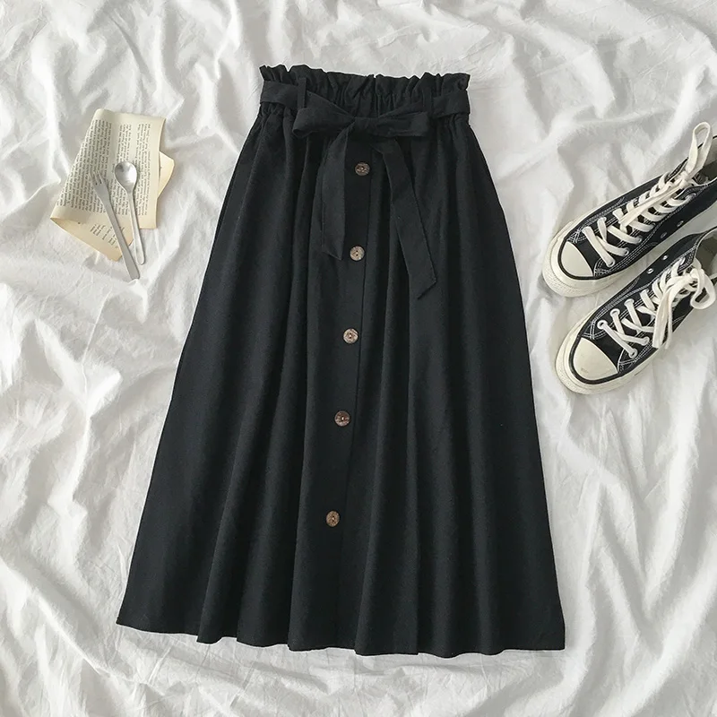 High Waist Long Skirts Women A-line Sashes Preppy Teenagers Ruched Solid Spring Elegant Students Mid-calf Retro Harajuku Japan