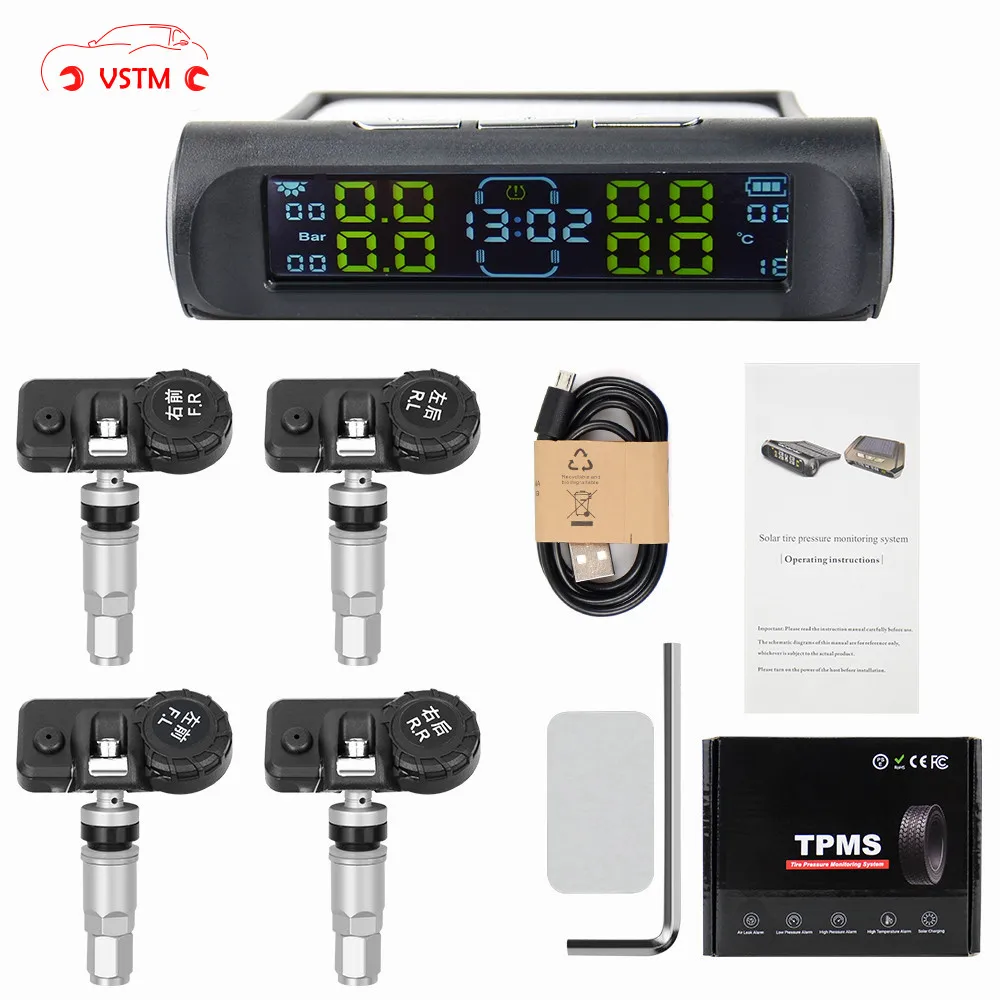 

Universal TPMS Wireless Tire Pressure Monitoring System Solar Power Clock LCD Display 4 External Sensor Tire Pressure Sensors