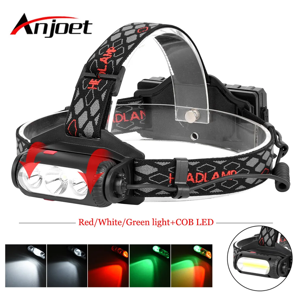 

Anjoet red green White light head lamp T6 led USB Rechargeable flashlight torch COB headlight hunting lantern headlamp18650