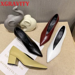 XGRAVITY New Autumn HIgh Heel Shoes Elegant Chunky High Heeeled Pumps Sexy Pointed Toe Evening Shoes Women Shoes V Cut Shoes 324